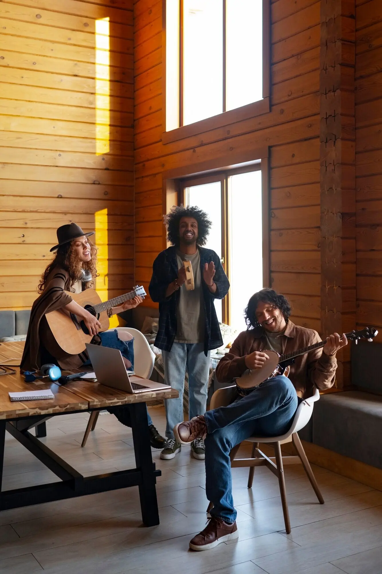 Full-length shot of country musicians indoors